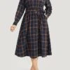 Women's Plus Size Curve Shirt Dress Casual Dress Swing Dress Plaid Midi Dress Long Sleeve Lace Up Button Shirt Collar Fashion Outdoor Dark Blue Fall Winter L XL 2XL 3XL 4XL