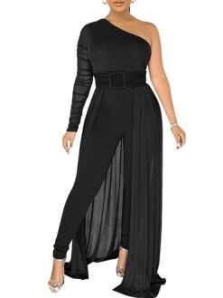 Women's Jumpsuit Overlay Lace Up Mesh Solid Color One Shoulder Streetwear Party Going Out Regular Fit Long Sleeve Black White Yellow S M L Spring -Cheap Plus Fit Dress Store gqukyn1676364637903