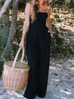 Women's Jumpsuit Pocket Solid Color Strapless Streetwear Daily Vacation Regular Fit Sleeveless Black S M L Summer -Cheap Plus Fit Dress Store gqxint1678258866813