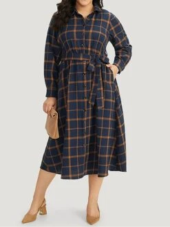 Women's Plus Size Curve Shirt Dress Casual Dress Swing Dress Plaid Midi Dress Long Sleeve Lace Up Button Shirt Collar Fashion Outdoor Dark Blue Fall Winter L XL 2XL 3XL 4XL -Cheap Plus Fit Dress Store grddje1697164757080