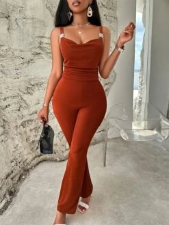 Women's Jumpsuit Backless High Waist Solid Color V Neck Streetwear Street Daily Slim Sleeveless Brown S M L Fall