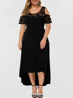 Women‘s Plus Size Curve Party Dress Lace Dress Wedding Guest Dress Black Dress Long Dress Maxi Dress Wine Blue Short Sleeve Pure Color Lace Summer Spring Fall Crew Neck Fashion Birthday Vacation -Cheap Plus Fit Dress Store grpiah1691044192040