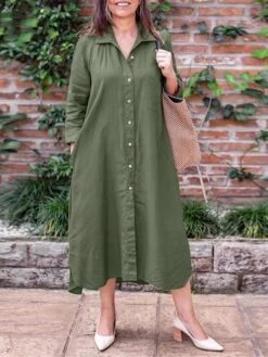 Women's Plus Size Curve Shirt Dress Casual Dress Solid Color Long Dress Maxi Dress Long Sleeve Button Pocket Shirt Collar Basic Outdoor ArmyGreen Navy Blue Fall Winter L XL XXL 3XL 4XL -Cheap Plus Fit Dress Store gsaexc1693533334394