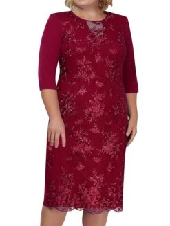 Women‘s Plus Size Curve Apple Shaped Dress Wedding Guest Lace Dress Work Dress Sheath Dress Floral Midi Dress Sleeve Lace Crew Neck Elegant Office Red Sky Blue Spring Summer Dress -Cheap Plus Fit Dress Store gshthy1673503409372