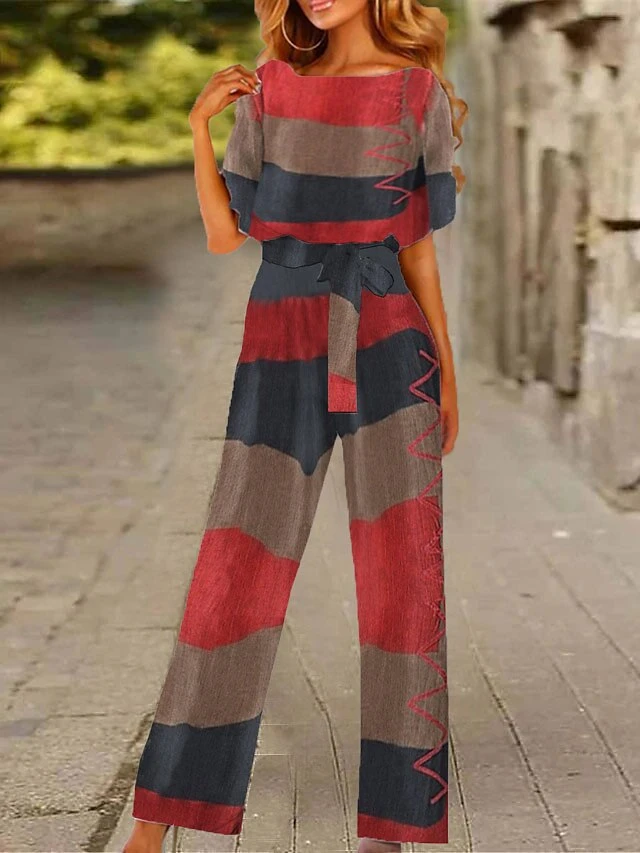 Women's Jumpsuit Drawstring Print Geometric Crew Neck Ordinary Daily Vacation Straight Loose Fit Short Sleeve T-shirt Sleeve Yellow Red Blue S M L All Seasons 1 Women's Jumpsuit Drawstring Print Geometric Crew Neck Ordinary Daily Vacation Straight Loose Fit Short Sleeve T-shirt Sleeve Yellow Red Blue S M L All Seasons