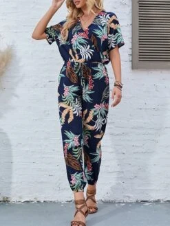 Women's Jumpsuit Print Floral V Neck Casual Street Daily Regular Fit Short Sleeve Navy Blue S M L Spring -Cheap Plus Fit Dress Store gsskqg1675852602986