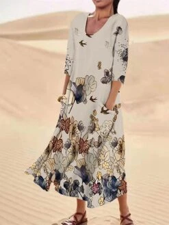 Women's Casual Dress Cotton Linen Dress Midi Dress Polyester Fashion Casual Daily Outdoor Daily Vacation Crew Neck Pocket Print Half Sleeve Summer Spring Fall 2023 Loose Fit ArmyGreen White Red Leaf -Cheap Plus Fit Dress Store gsstue1690365371362