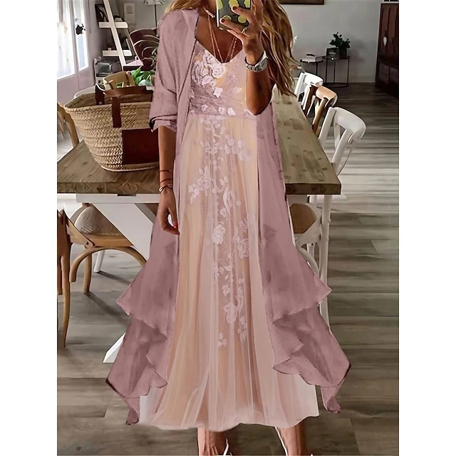 Women's Two Piece Dress Set Casual Dress Lace Dress Outdoor Daily Fashion Elegant Lace Ruffle Long Dress Maxi Dress V Neck 3/4 Length Sleeve Floral Plain Loose Fit Pink Light Purple Summer Spring S M 1 Women's Two Piece Dress Set Casual Dress Lace Dress Outdoor Daily Fashion Elegant Lace Ruffle Long Dress Maxi Dress V Neck 3/4 Length Sleeve Floral Plain Loose Fit Pink Light Purple Summer Spring S M