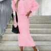 Women's Two Piece Dress Set Sweater Dress Casual Dress Outdoor Daily Fashion Streetwear Cut Out Long Dress Maxi Dress V Neck Long Sleeve Plain Regular Fit Pink Fall Winter S M L XL