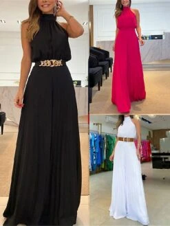 Women's Jumpsuit High Waist Solid Color Stand Collar Streetwear Wedding Party Regular Fit Sleeveless Black White Red S M L Summer