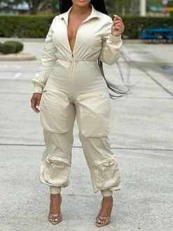 Women's Jumpsuit Zipper Pocket Solid Color Shirt Collar Streetwear Street Daily Regular Fit Sleeveless Black White S M L Fall -Cheap Plus Fit Dress Store gthiou1695368321939