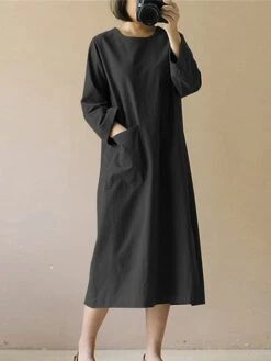 Women's Casual Dress Cotton Linen Dress Midi Dress Cotton Blend Basic Casual Outdoor Daily Vacation Crew Neck Pocket Long Sleeve Summer Spring Fall 2023 Loose Fit Black Wine Navy Blue Plain S M L XL 16 Women's Casual Dress Cotton Linen Dress Midi Dress Cotton Blend Basic Casual Outdoor Daily Vacation Crew Neck Pocket Long Sleeve Summer Spring Fall 2023 Loose Fit Black Wine Navy Blue Plain S M L XL -Cheap Plus Fit Dress Store gtpejv1673848807369