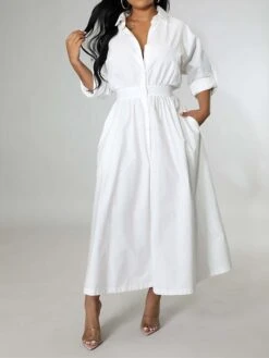 Women's Shirt Dress Casual Dress Swing Dress Maxi Long Dress Outdoor Daily Vacation Cotton And Linen Fashion Casual Shirt Collar Button Rolled Cuff Long Sleeve Spring Fall Winter 2023 Slim Black -Cheap Plus Fit Dress Store gtpkyt1695027663294