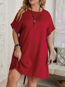 Women‘s Plus Size Curve Casual Dress T Shirt Dress Tee Dress Shift Dress Solid Color Midi Dress Short Sleeve Crew Neck Basic Daily Black Red Spring Summer L 3XL 4XL 5XL 6XL -Cheap Plus Fit Dress Store gttukh1672223212939