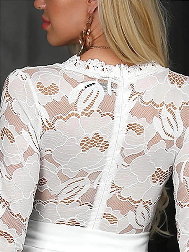 Women's Jumpsuit Lace High Waist Solid Color V Neck Business Wedding Party Regular Fit Long Sleeve White S M L Summer 7 Women's Jumpsuit Lace High Waist Solid Color V Neck Business Wedding Party Regular Fit Long Sleeve White S M L Summer - Image 7