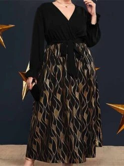 Women's Plus Size Curve Prom Dress Party Dress Wedding Guest Dress Long Dress Maxi Dress Black Long Sleeve Print Lace Up Fall Winter Autumn V Neck Fashion Evening Party Wedding Guest L XL -Cheap Plus Fit Dress Store gtzzll1693205936683