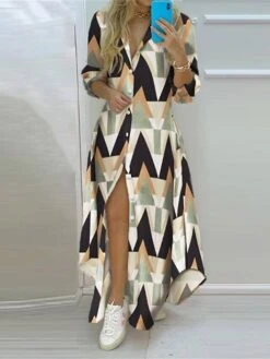 Women's Shirt Dress Casual Dress Maxi Long Dress Outdoor Daily Date Polyester Fashion Modern Shirt Collar Button Split Long Sleeve Summer Spring Fall 2023 Regular Fit Black White Yellow Leaf Letter -Cheap Plus Fit Dress Store gucmjq1685073608746