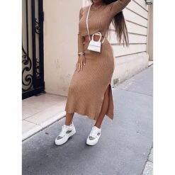 Women's Two Piece Dress Set Casual Dress Sweater Dress Outdoor Daily Fashion Streetwear Split Midi Dress Crew Neck Long Sleeve Plain Regular Fit Black White Orange Fall Winter S M L XL XXL -Cheap Plus Fit Dress Store gucthk1695635367950