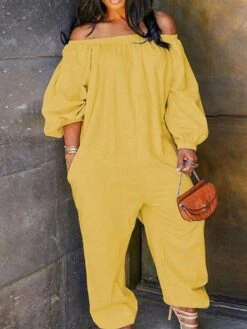 Women's Jumpsuit Pocket Solid Color Off Shoulder Streetwear Street Going Out Regular Fit Long Sleeve Black White Yellow S M L Summer -Cheap Plus Fit Dress Store gukghz1681877160419