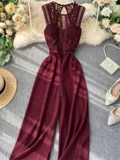 Women's Jumpsuit Lace Backless Solid Color Crew Neck Streetwear Street Going Out Regular Fit Sleeveless Black Yellow Wine One-Size Summer 35 Women's Jumpsuit Lace Backless Solid Color Crew Neck Streetwear Street Going Out Regular Fit Sleeveless Black Yellow Wine One-Size Summer -Cheap Plus Fit Dress Store gunlty1689325618387