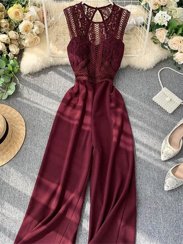 Women's Jumpsuit Lace Backless Solid Color Crew Neck Streetwear Street Going Out Regular Fit Sleeveless Black Yellow Wine One-Size Summer 16 Women's Jumpsuit Lace Backless Solid Color Crew Neck Streetwear Street Going Out Regular Fit Sleeveless Black Yellow Wine One-Size Summer - Image 16