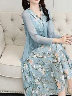 Women's Two Piece Dress Set Print Dress Outdoor Daily Modern Casual Lace Up Ruched Midi Dress V Neck Long Sleeve Floral Regular Fit Black Pink Blue Summer Spring M L XL XXL XXXL -Cheap Plus Fit Dress Store guryba1678430833674