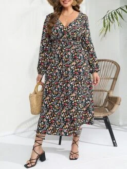 Women's Plus Size T Shirt Dress Casual Dress Floral Dress Floral Print V Neck Midi Dress Fashion Streetwear Outdoor Street Long Sleeve Loose Fit Rainbow Fall Winter XL XXL 3XL 4XL 5XL -Cheap Plus Fit Dress Store guurue1692064768320