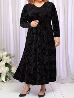 Women's Plus Size Party Dress Velvet Dress Cocktail Dress Midi Dress Black Wine Purple Long Sleeve Leaf Pocket Spring Fall Winter V Neck Fashion Winter Dress Wedding Guest Birthday Loose Fit 2023 XL -Cheap Plus Fit Dress Store gvgkrf1692616916911