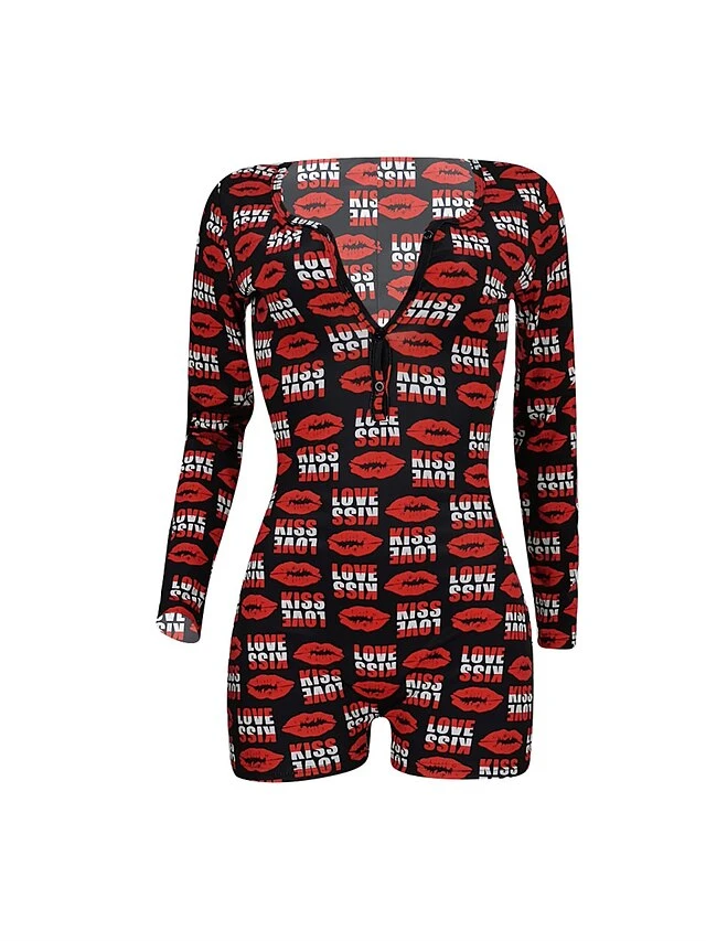 Women's Romper Print Letter V Neck Streetwear Street Daily Regular Fit Long Sleeve Red S M L Summer 3 Women's Romper Print Letter V Neck Streetwear Street Daily Regular Fit Long Sleeve Red S M L Summer - Image 3