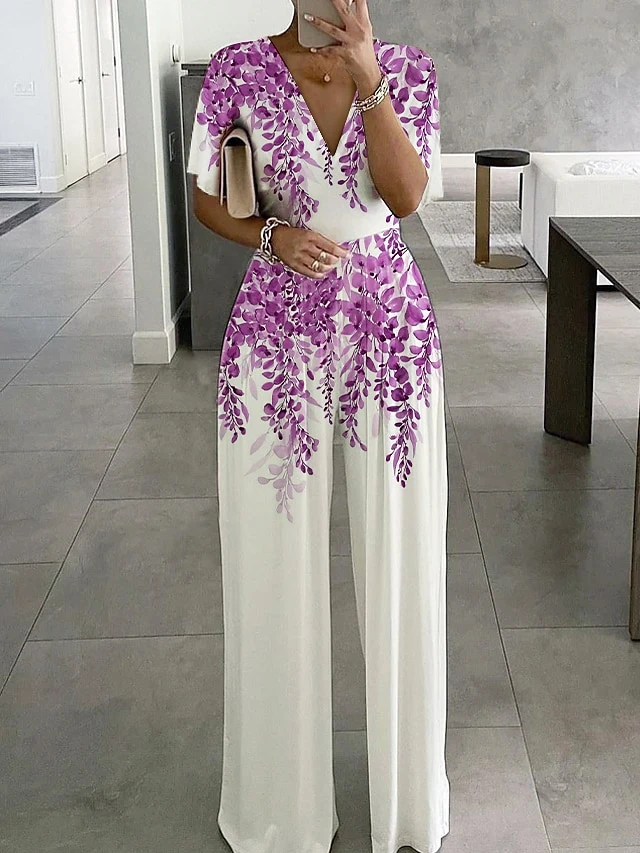 Women‘s Jumpsuit Print Floral V Neck Elegant Wedding Business Holiday Straight Regular Fit Short Sleeve T-shirt Sleeve Blue Purple Green S M L Summer 3 Women‘s Jumpsuit Print Floral V Neck Elegant Wedding Business Holiday Straight Regular Fit Short Sleeve T-shirt Sleeve Blue Purple Green S M L Summer - Image 3