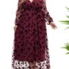 Women's Plus Size Curve Party Dress Formal Dress Burgundy Dress Floral Long Dress Maxi Dress Long Sleeve Lace Up Ruched V Neck Fashion Wedding Wine Spring Fall XL XXL 3XL 4XL 5XL