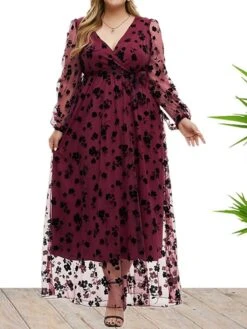 Women's Plus Size Curve Party Dress Formal Dress Burgundy Dress Floral Long Dress Maxi Dress Long Sleeve Lace Up Ruched V Neck Fashion Wedding Wine Spring Fall XL XXL 3XL 4XL 5XL