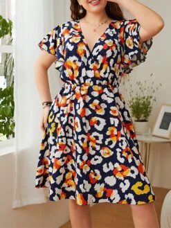 Women‘s Plus Size Curve Casual Sweater Dress Floral Sweater Dress Floral Midi Sweater Dress Short Sleeve Print V Neck Fashion Daily Blue Spring Summer XL XXL 3XL 4XL -Cheap Plus Fit Dress Store gwlqri1676457754838