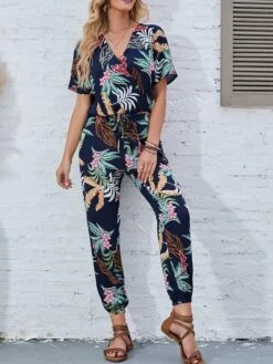 Women's Jumpsuit Print Floral V Neck Casual Street Daily Regular Fit Short Sleeve Navy Blue S M L Spring -Cheap Plus Fit Dress Store gwohan1675852602196
