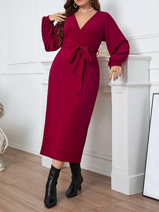 Women‘s Plus Size Curve Work Dress Sheath Dress Semi Formal Dress Fashion Midi Dress Lace Up Split V Neck Long Sleeve Plain Regular Fit Wine Spring Fall XL XXL 3XL 4XL 1 Women‘s Plus Size Curve Work Dress Sheath Dress Semi Formal Dress Fashion Midi Dress Lace Up Split V Neck Long Sleeve Plain Regular Fit Wine Spring Fall XL XXL 3XL 4XL