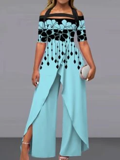 Women‘s Jumpsuit Print Floral Off Shoulder Pink Fall Winter Elegant Wedding Party Wide Leg Regular Fit Short Sleeve White Royal Blue S M L Summer -Cheap Plus Fit Dress Store gxadel1686908761785