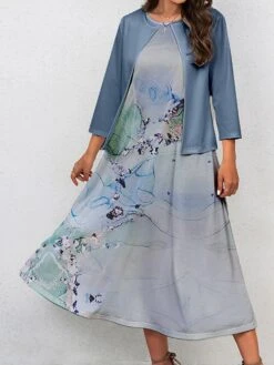 Women's Two Piece Dress Set Casual Dress Swing Dress Outdoor Office Fashion Streetwear Print Midi Dress Crew Neck 3/4 Length Sleeve Floral Ombre Regular Fit Pink Blue Purple Fall Winter S M L XL XXL -Cheap Plus Fit Dress Store gxbcru1697681154233