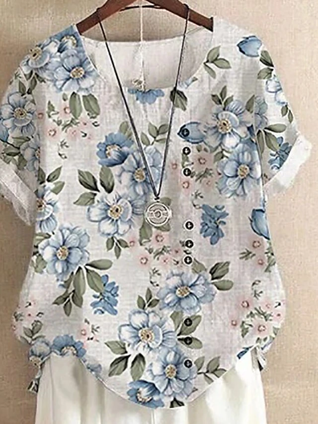 Women's Blouse White Blue Green Floral Print Short Sleeve Daily Sports Going Out Streetwear Festival Crewneck Regular Fit Summer Spring 2 Women's Blouse White Blue Green Floral Print Short Sleeve Daily Sports Going Out Streetwear Festival Crewneck Regular Fit Summer Spring - Image 2