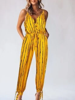 Women's Jumpsuit Lace Up Print Striped V Neck Streetwear Daily Vacation Regular Fit Sleeveless Black Yellow Blue S M L Spring