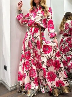 Women's Shirt Dress Casual Dress Swing Dress Maxi Long Dress Outdoor Daily Vacation Satin Fashion Modern Shirt Collar Button Split Long Sleeve Spring Fall 2023 Loose Fit Dark Pink Floral S M L XL 2XL