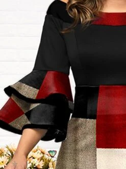 Women‘s Plus Size Curve Party Dress Plaid Off Shoulder Print 3/4 Length Sleeve Spring Fall Elegant Mature Midi Dress Formal Work Dress -Cheap Plus Fit Dress Store gxmggk1630919881079