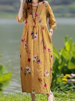 Women's Casual Dress Cotton Linen Dress Swing Dress Midi Dress Linen / Cotton Blend Sweet Style Modern Outdoor Daily Holiday Crew Neck Print 3/4 Length Sleeve Fall Winter Autumn 2023 Loose Fit Yellow -Cheap Plus Fit Dress Store gxnjbg1693553159584