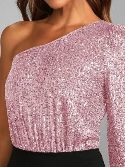 Women's Bodysuit Sequin Solid Color One Shoulder Streetwear Party Street Slim Long Sleeve Black White Pink S M L Fall -Cheap Plus Fit Dress Store gxxobk1697184643669