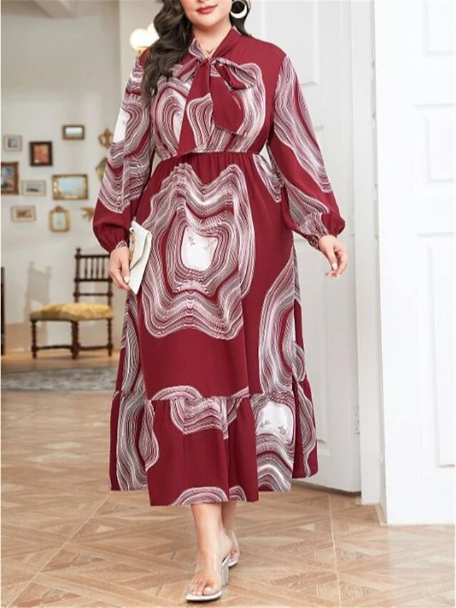 Women's Plus Size Work Dress Swing Dress Semi Formal Dress Fashion Long Dress Maxi Dress Lace Up Print V Neck Long Sleeve Ombre Regular Fit Wine Fall Winter L XL XXL 3XL 4XL 3 Women's Plus Size Work Dress Swing Dress Semi Formal Dress Fashion Long Dress Maxi Dress Lace Up Print V Neck Long Sleeve Ombre Regular Fit Wine Fall Winter L XL XXL 3XL 4XL - Image 3