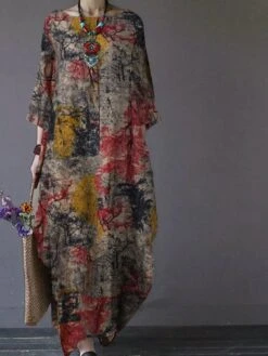 Women's Plus Size Curve Shift Dress Graphic Round Neck Print 3/4 Length Sleeve Fall Spring Basic Casual Maxi Long Dress Vacation Weekend Dress -Cheap Plus Fit Dress Store gyhtja1635933601421