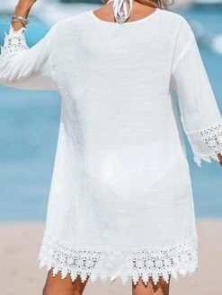 Women's Beach Dress Beach Wear Mini Dress Lace Casual Plain V Neck 3/4 Length Sleeve Vacation Going Out Almond 2023 Summer Spring S M L XL -Cheap Plus Fit Dress Store gyowmo1684399208728