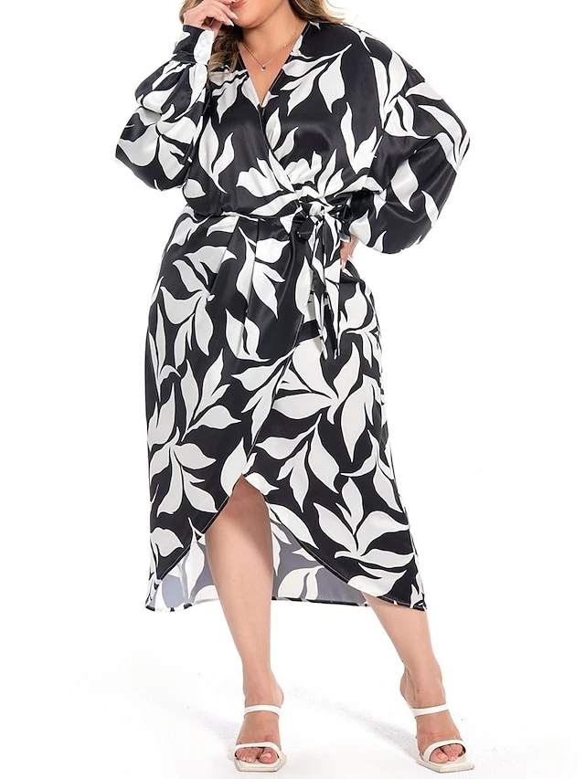 Women's Plus Size Curve Work Dress Satin Dress Wrap Dress Floral Midi Dress Long Sleeve Split V Neck Fashion Office Black Fall Winter L XL XXL 3XL 4XL 2 Women's Plus Size Curve Work Dress Satin Dress Wrap Dress Floral Midi Dress Long Sleeve Split V Neck Fashion Office Black Fall Winter L XL XXL 3XL 4XL - Image 2