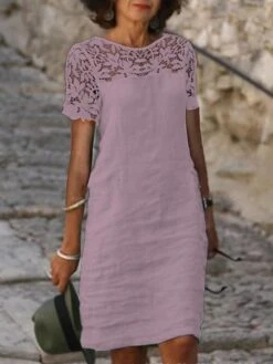 Women's Casual Dress Cotton Linen Dress Lace Dress Midi Dress Linen / Cotton Blend Fashion Basic Outdoor Daily Vacation Crew Neck Lace Patchwork Short Sleeve Summer Spring 2023 Regular Fit White Pink -Cheap Plus Fit Dress Store gzrbun1689305979051