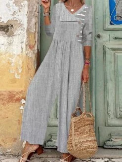 Women's Jumpsuit Print Striped V Neck Boho Vacation Wide Leg Regular Fit Long Sleeve Light Grey Gray S M L All Seasons