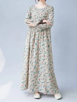 Women's Casual Dress Linen Dress Swing Dress Maxi Long Dress Linen Fashion Modern Outdoor Daily Holiday Crew Neck Print Long Sleeve Fall Winter Autumn 2023 Loose Fit Apricot Flower L XL 2XL -Cheap Plus Fit Dress Store hadmhn1693553166000